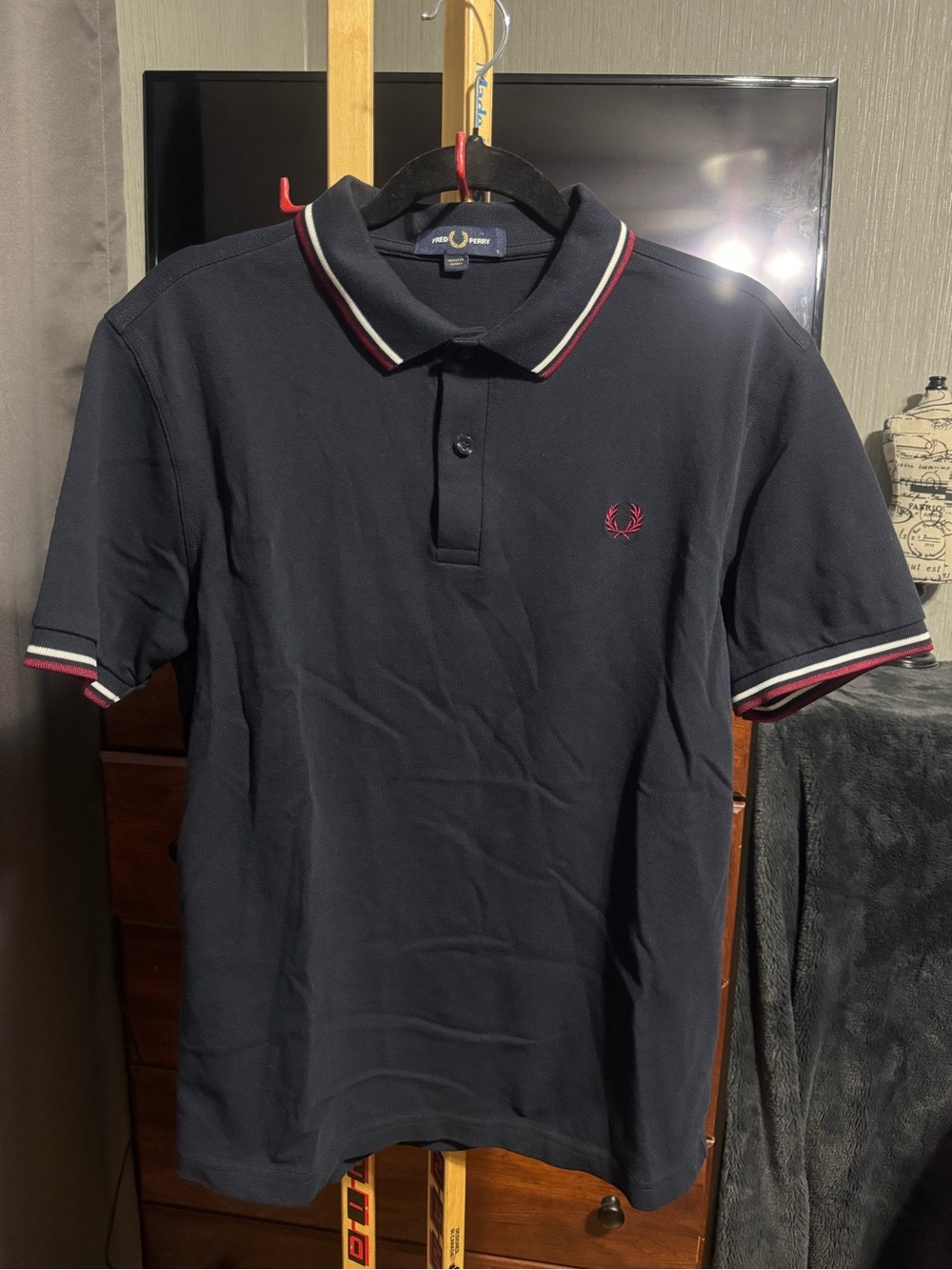 Fred Perry Navy Twin Tipped Polo Shirt Embroidered Laurel Wreath - Size L